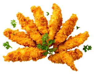 Chicken Tenders Spread in Fan-Shaped Pattern with Garnish, Close-Up, isolated on transparent background PNG