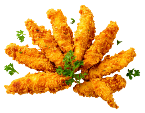 Chicken Tenders Spread in Fan-Shaped Pattern with Garnish, Close-Up, isolated on transparent background PNG