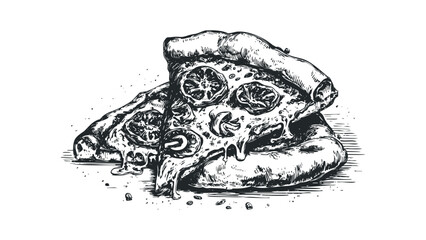 Drawn Delicious Pizza Slice with Melty Cheese and Toppings. Vector hand drawn illustration