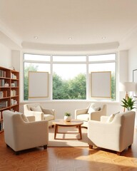 Fototapeta premium Bright and airy living room with large bay window and comfortable seating