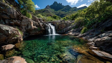 Crystal-clear pool fed by a waterfall. Lush greenery surrounds