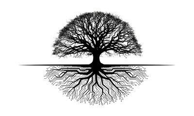 Silhouette of a tree with branches above ground and circuit board roots below a dividing horizontal line