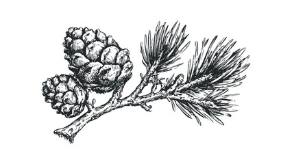 Vintage-style Pine Cones and Needles Branch Sketch. Vector hand drawn illustration