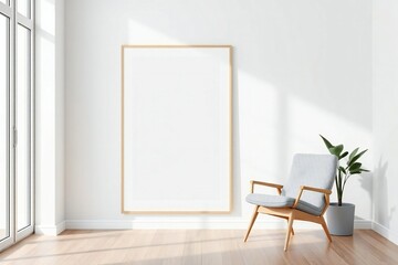 Blank white poster frame mockup in a bright modern room with a chair and plant