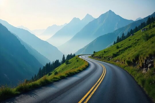 A winding road disappearing into a misty mountain range, symbolizing the unknown potential and adventure of a new journey , curve, way, escape - Powered by Adobe