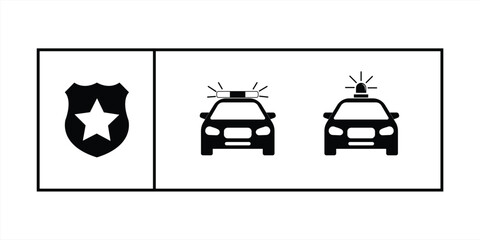 Police car icon set. Black car icon with siren lights. Patrol car or sheriff's car symbol for web. Vector illustration © GraphicGlow