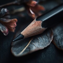 Close-Up of Sharpened Pencil Next to Delicate Flowers on Dark Background