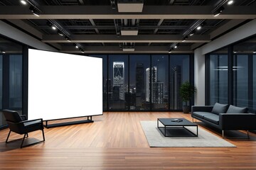 Modern living room with large projection screen and city view at night