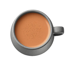 Overhead view of a grey textured mug filled with frothy orange beverage