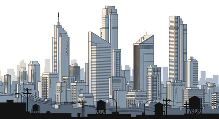 Fototapeta premium Dynamic modern city skyline showcases soaring skyscrapers and urban infrastructure with a stylized graphic aesthetic