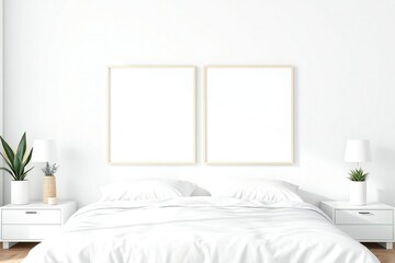 Clean and bright bedroom with two blank picture frames above a white bed