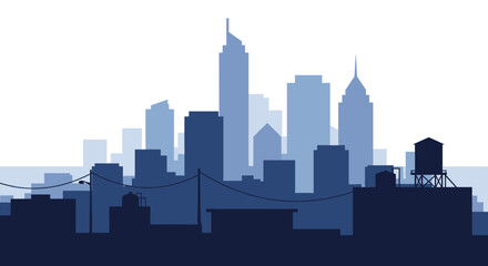 Naklejka premium Stunning modern city skyline silhouette with cool blue tones, evoking urban energy and progress, perfect for business themes.