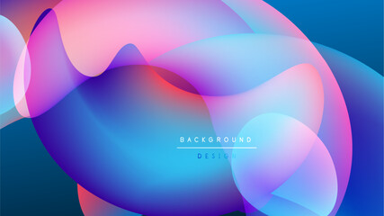 Abstract fluid shapes blend, creating vibrant colorful background. Soft gradients, dynamic composition, modern design elements present.