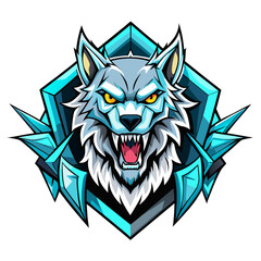 Aggressive Neon-Outlined Mechanical Ice Wolf Head Emblem