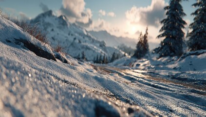 Snowy mountain road at sunset