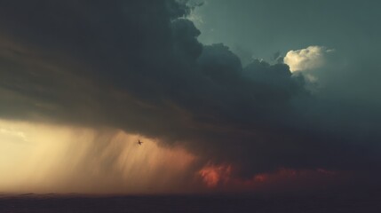 Dramatic Storm Clouds with Rainfall and Dark Sky Over Water at Sunset