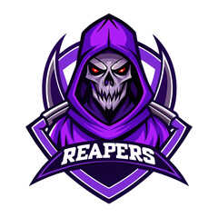 Purple Hooded Reaper with Glowing Eyes and Scythe in “REAPERS” Badge