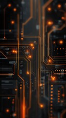 Abstract Technology Background with Glowing Circuit Lines and Digital Patterns in Orange and Black Color Scheme