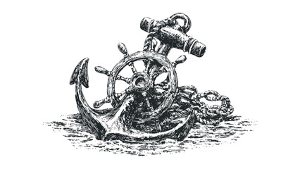 Nautical anchor and ship wheel entwined with rope detailed sketch. Vector hand drawn illustration