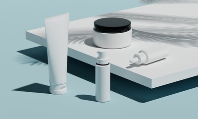 3d illustraion of cosmetic skincare beauty spa cream mockup, bathroom interior, medical healthcare treatment, fashion of makeup, bottle tube of packaging