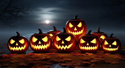 Halloween Pumpkins with Glowing Carved Faces at Night