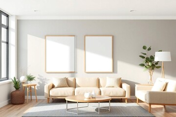 Fototapeta premium Bright modern living room with sofa and empty picture frames bathed in sunlight