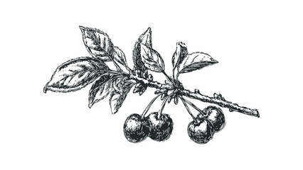 Detailed sketch of a cherry branch with ripe fruit and leaves. Vector hand drawn illustration