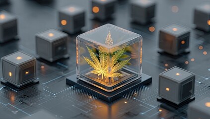 Futuristic Cannabis Technology Concept - Plant in a Cube.