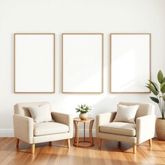 Cozy living room with three blank frames and comfortable armchairs