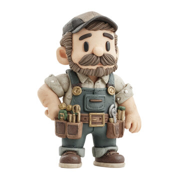 Charming claymation handyman figure with tools in a utility belt character