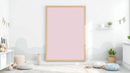 Blank vertical poster frame mockup in a bright nursery room