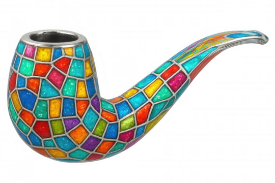 Vibrant smoking pipe with mosaic pattern, gleaming under studio lighting, resting on transparent backdrop