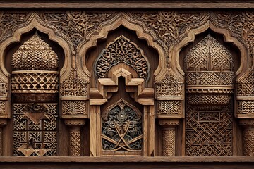 Obraz premium Intricate carved wooden panels featuring arched doorways and detailed ornamental patterns in