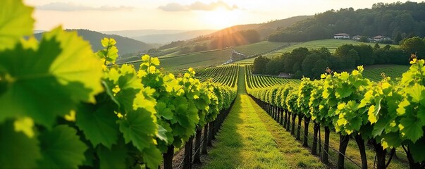 Lush green vineyard landscape at a winery, bathed in sunlight Rolling hills, grapevines, and a serene atmosphere Perfect for wine labels, websites, and travel brochures , vineyard view, south africa