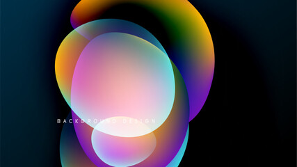 Abstract colorful shapes overlap, creating vibrant gradients. Dark background emphasizes luminous forms, modern design element.