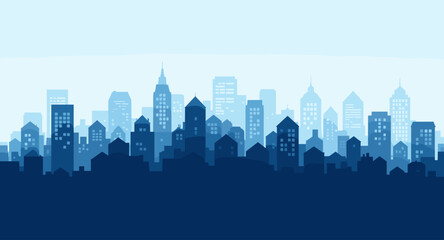 Naklejka premium Captivating cityscape silhouette showcasing modern urban architecture in varying shades of blue, perfect for business and city-themed projects.