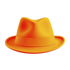 Single vibrant orange fedora hat with a grosgrain ribbon band and indented crown