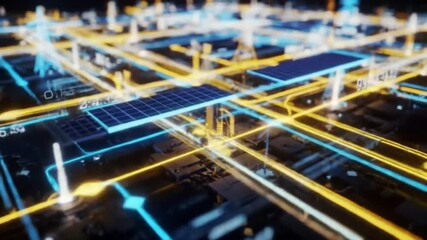 Abstract smart city network with glowing digital pathways, illustrating future urban technology, interconnected infrastructure, and sustainable solar energy integration - Powered by Adobe