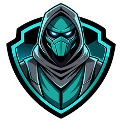 Futuristic Ninja with Sci-Fi Plating and Cyan Outlines on Dark Shield