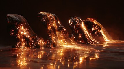 ancient figure emerging from flowing molten copper, glowing edges, smooth motion effect, high detail reflections 