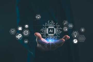 A digital representation of artificial intelligence, depicted in a hand with interconnected icons symbolizing technology and innovation.
