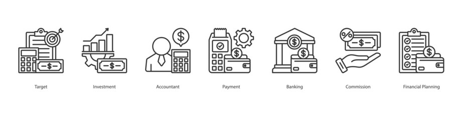 Financial Planning And Investment banner web icon set vector illustration concept with icon of target, investment, accountant, payment, banking, commission, financial planning