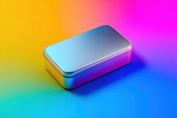 Metallic tin box on a vibrant colorful background with a smooth gradient effect showcasing modern design aesthetics
