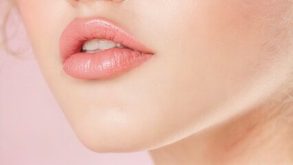 Obraz premium Closeup of woman's full, glossy light pink lips with smooth skin, styled hair, and blurred background.