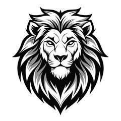 Noble Lion Head with Flowing Mane, Symmetry, and Black-and-White Outline