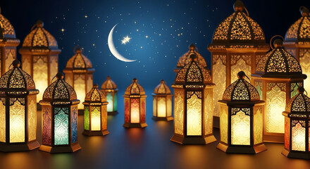 Glowing Ramadan Lanterns with Crescent Moon and Stars