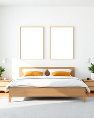 Modern bedroom with double bed and blank picture frames on wall