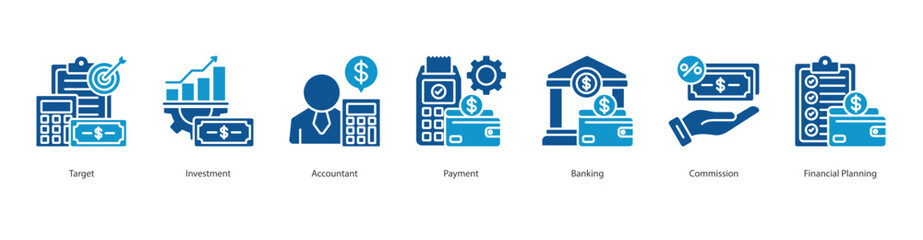 Financial Planning And Investment banner web icon set vector illustration concept with icon of target, investment, accountant, payment, banking, commission, financial planning