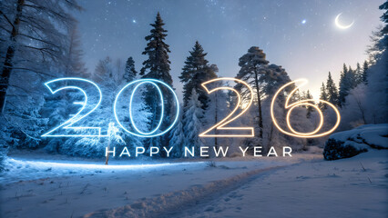 Glowing neon 2026 text in snowy winter forest at night with crescent moon full hd 4k stock image download