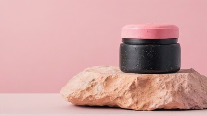 Minimalistic black jar with pink lid on rock against pink background, showcasing plastic texture and light brown tones.
